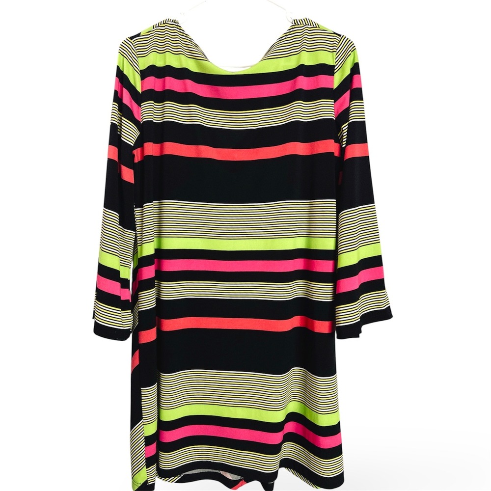Sunny Leigh Womens Chevron Stripe V-Neck Bell Sleeve Tunic Dress Neon Black L - Picture 4 of 7